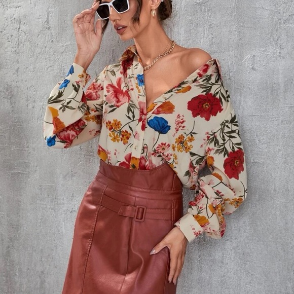 Floral blouse button collar shirt summer spring top flower long sleeve sleeve - Picture 2 of 6